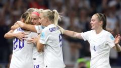 Ella Toone of England celebrates with Chloe Kelly, Alex Greenwood and Keira Walsh of England after scoring their team's first goal during the UEFA Women's Euro 2022 Quarter Final match between England and Spain at Brighton & Hove Community Stadium on July 20, 2022