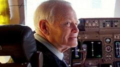 Dr David Warren in the cockpit of a Boeing 747, on 26 August 1998