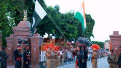 Indian and Pakistani troops lower flags together in a ceremony at the Wagah border crossing near Amritsar