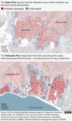 Maps show the spread of the Eaton and Palisades fires and the hundreds of homes believed to have been damaged in each case