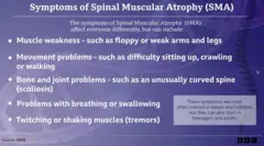 A graphic showing symptoms of spinal muscular atrophy (SMA). The background is purple and the white text has five bullet points. The headline reads: Symptoms of Spinal Muscular Atrophy (SMA). Under this it is said: