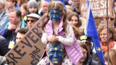 Child shown with EU flag painted on their face at the protest march