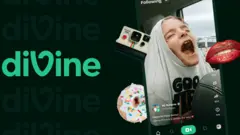 The green Divine logo against a black background. Next to it it shows a phone showing a video with a child with their mouth open and a grey t shirt partly over their head. There is a donut with white icing and sprinkles, red lips and a Poloroid camera on either side of the phone.
