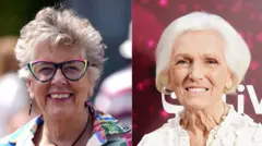 Two side-by-side images of Dame Prue Leith and Dame Mary Berry. Dame Prue smiling and wearing colourful navy, neon green and pink glasses, which match a colourful patterned blouse she is wearing. She has dangly, colourful earrings and short grey hair. Dame Mary is smiling as she stands in front of a red and pink speckled background at an event. She is wearing a white, textured blouse and has light, white-ish hair which falls to the bottom of her ears.
