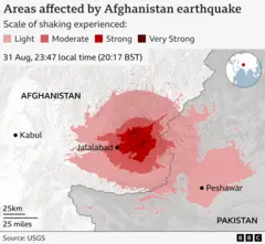 Map of areas affected by the earthquake