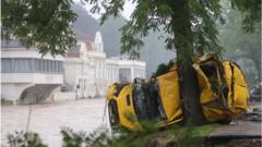 Wrecked car in German floods
