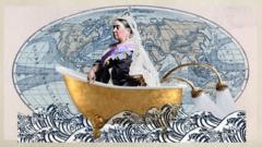 Illustration with Queen Victoria in a bathtub with an old world map in the background