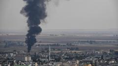 Smoke rises over the Syrian border town of Ras al-Ain on Friday 18 October, despite Turkey halting its operation