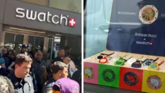 Splitscreen showing police officers in front of a Swatch store queuing on the left , and a box with the watches on the right