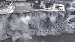 An aerial view of the partially frozen Niagara Falls, which is on the border with Canada