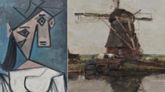 Картина Пікассо "Голова жінки" (1934) та Піта Мондріана "Вітряк" (1905)