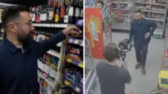 BBC reporter wearing blue shirt and grabbing bar of chocolate on supermarket shelf