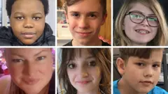 A composite image of six faces, top row from left: Abel Mwansa,12. Ezekiel Schofield, 13. Zoey Benoit, 12. Bottom Row from left: Jennifer Jacobs, 39, Kylie Smith, 12, Emmett Jacobs, 11