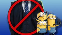 A suit with a banned sign and Minions in the foreground.