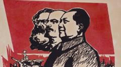 Portraits of Karl Marx, Vladimir Lenin and Mao Zedong (from left to right).
