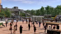 A CGI image of a train station with people walking towards it.