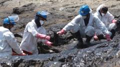 Cleaning crews work to remove oil from a Peruvian beach