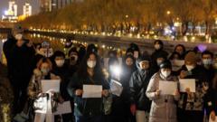 11月27日，在悼念乌鲁木齐火灾遇难者活动期间，北京市民聚集在一起守夜并举着白纸抗议当局的新冠封控措施。