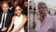 A split screen of Harry and Meghan on the left and a man in a pink shirt and glasses on the right.