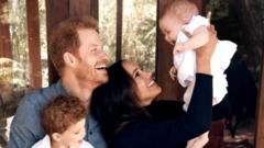 Image from 2021 holiday card from Duke and Duchess of Sussex showing the couple with their children Archie and Lilibet