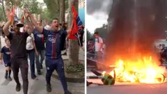 Composite image showing PSG supporters on the left and a fire burning on the right