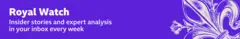 Thin, purple banner promoting the Royal Watch newsletter with text saying, “Insider stories and expert analysis in your inbox every week”. There is also a graphic of a fleur-de-lis in white