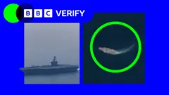 A satellite image of the USS Abraham Lincoln with a green circle around it on the right, and an image of the warship up close on the left.