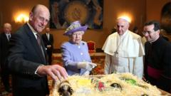 Queen Elizabeth II and Prince Philip, Duke of Edinburgh, have an audience with Pope Francis, during their one-day visit to Rome on April 3, 2014 in Vatican City, Vatican