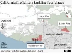 A map of California shows the location of four wildfires: Auto, Hurst, Eaton and Palisades. Nearby or affected locations are included, including Malibu and the Hollywood Hills