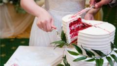 Stock image of a wedding cake being cut