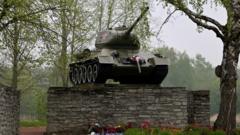T-34 Tank memorial from WW2 showing where the Red Army crossed into Estonia in 1944; 27 May 2022