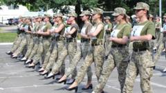 Female soldiers in Ukraine marching in high heels