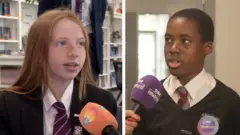 Composite image showing red hair girl on the left wearing school uniform and a boy with short hair on the right