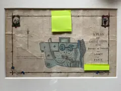 Maggie O'Farrell Map with a painting on the top left of O'Farrell's great great grandfather with a Red coat soldier and on the top right as an older man.
On the right are the words A PLAN OF CASTLE VISION IN THE Barony of Nonest and COUNTY OF FANCY
Map in the middle
Compass on the left
(yellow post-it notes cover up details that would identify the author's relatives)
