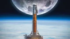 Stylised montage image of the Artemis II rocket on a launch pad with an exaggeratedly large Moon in the background