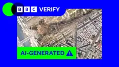 A fake AI-generated satellite image showing the Eiffel Tower in Paris has collapsed using Google's new AI satellite imagery tool. This image has a blue BBC Verify border and the BBC Verify logo appears at the top left. A large green banner across the image reads “AI-GENERATED” alongside a warning icon, indicating the picture is artificially created.