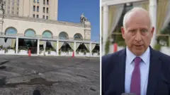 On the left, a picture outside the Blazi Rossi Italian restaurant in Moscow. On the right, Steve Rosenberg.