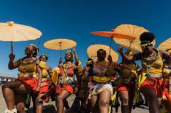 Traditional clad women sing and dance during di celebration of di coronation of dia new King Misuzulu kaZwelithini