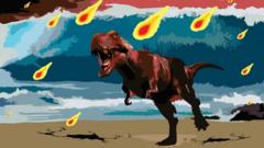 Ilustración de un dinosaurio bajo una lluvia de rocas tras el impacto del asteroide