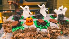 Большой торт с привидениями и могильными камнями из печенья