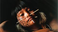 Young Yanomami woman with fine palm sticks through her face