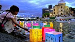 Lanterns float on a river in Hiroshima