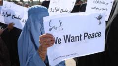 Afghans hold placards as they rally to support the Doha peace talks between Taliban and the Afghan government, in Herat, Afghanistan, 21 September 2020.
