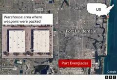 A satellite image showing a Fort -Lodardil, with an image of an insert that shows an aerophotic appearance of two syllables with white roofs and parking around them, which is labeled as an area where the weapon was packed in a container. The Everglades port is indicated in the bottom right side of the image, approximately 8 km (5 miles) from the warehouse site.