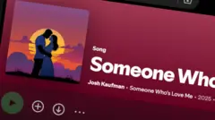 A Spotify screenshot showing Someone Who's Love Me by Josh Kaufman with artwork of an illustration showing a man and a woman embracing in a sunset