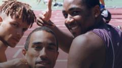 Darren Campbell pictured with fellow sprinters Jamie Baulch and Paul Gray in 1996