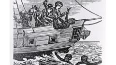Ilustração de marinheiros jogando pessoas escravizadas ao mar de navio