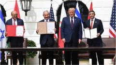 Bahrain's foreign minister, Israel's PM, US President Donald Trump and the UAE's foreign minister
