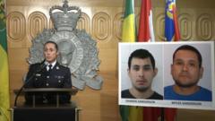 Suspects' photos are shown (right) at a briefing by Canadian police