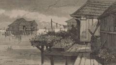 Illustración de un asentamiento en Saint Malo, Luisiana, 1883